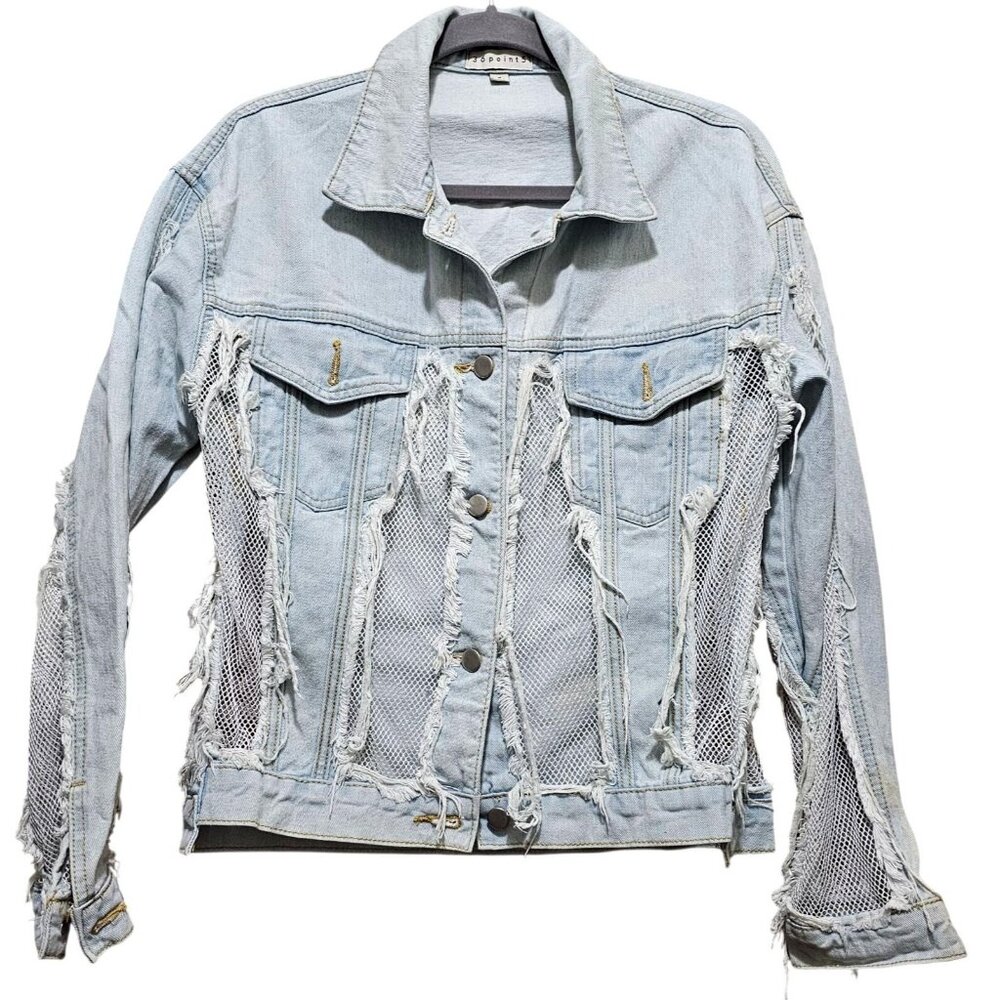 Distressed Light Wash Denim Jacket With Mesh Inserts Frayed Detailing & Button C - Picture 2 of 13